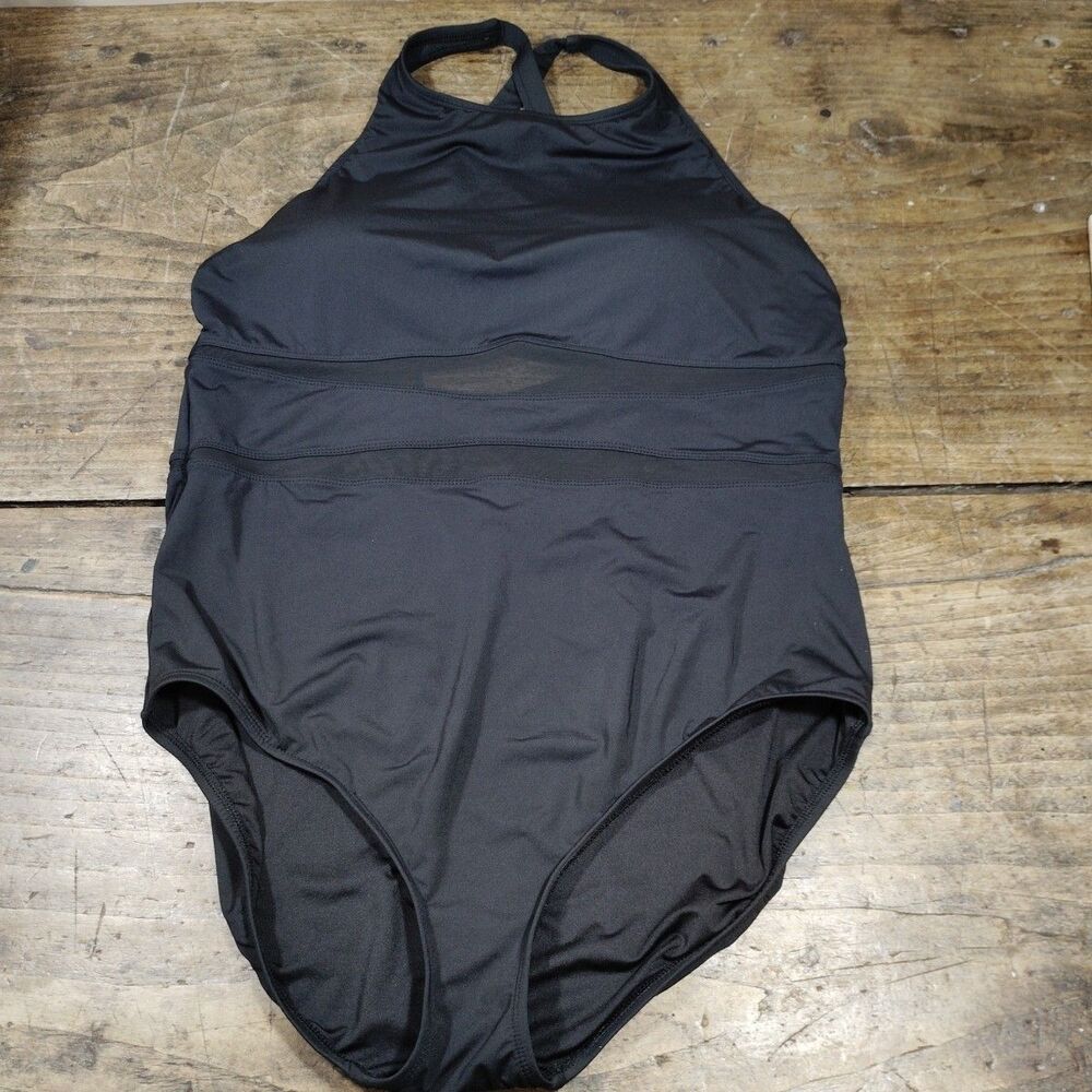 Lands' End Swimsuit One Piece Womens Sz XL Black Mesh Built in Bra